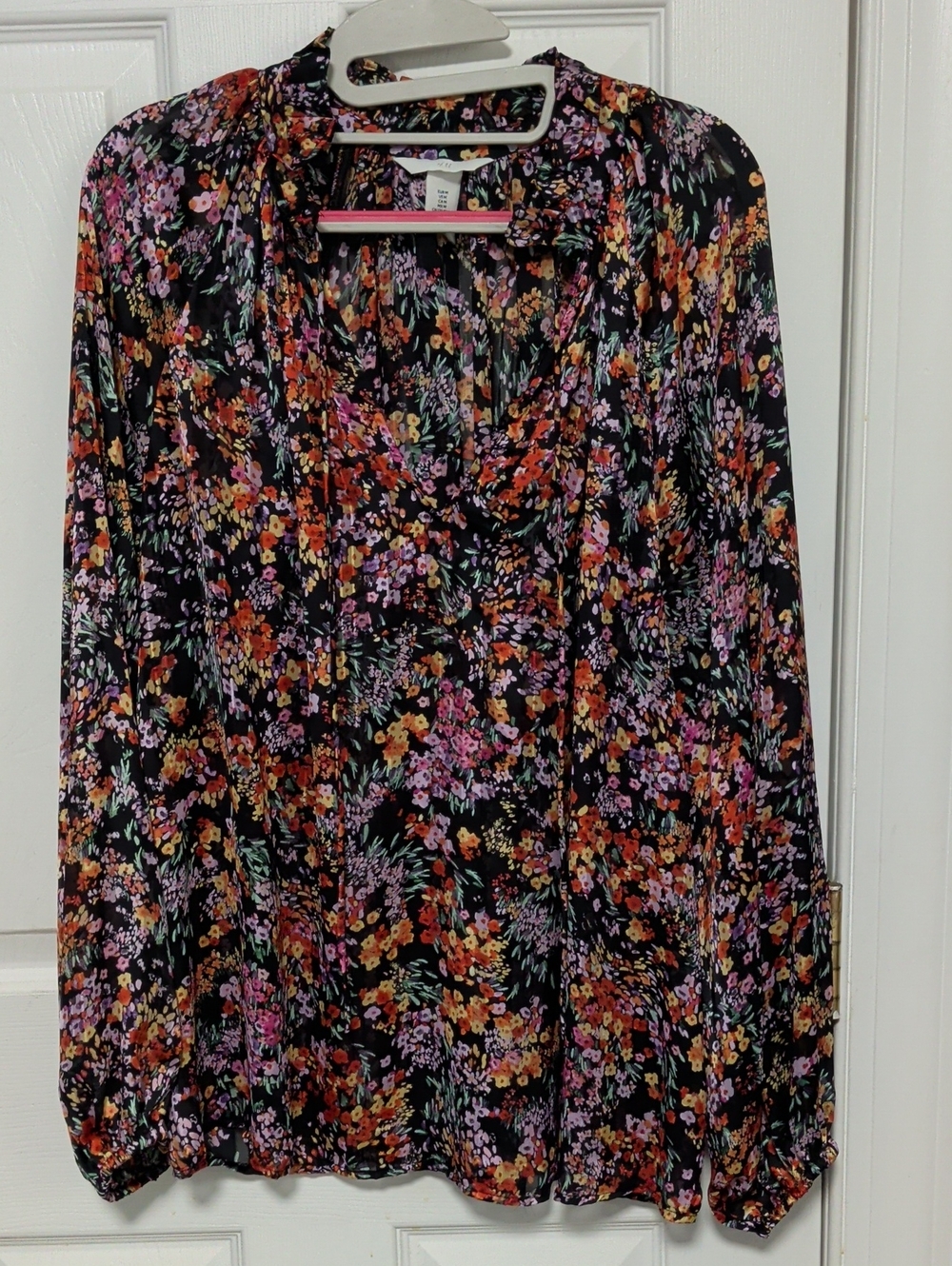 H&M Black Floral Blouse with Pink, Orange & Purple Flowers